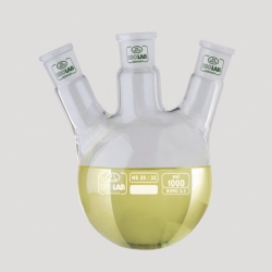 Round bottom flasks with three necks, NS joints, angled side arms, borosilicate glass 3.3