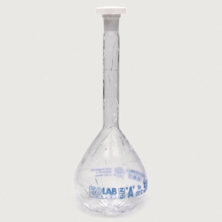 Slika Volumetric flasks, borosilicate glass 3.3, class A, blue graduated, with PE stoppers, coated