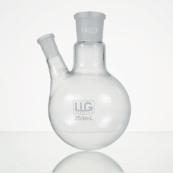 Slika LLG-Two-neck round bottom flasks with standard ground joint, borosilicate glass 3.3, angled side neck