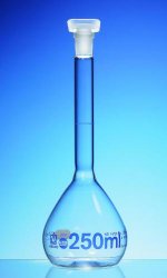 Volumetric flasks USP, boro 3.3, class A, blue graduations, with glass stopper, incl. USP batch certificate