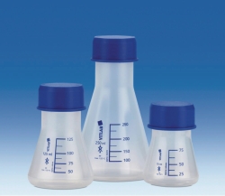 Erlenmeyer flasks, wide mouth, GL 45, PP, with blue screw neck