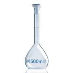 Volumetric flasks, boro 3.3, class A, blue graduations, with glass stoppers, incl. ISO individual certificate