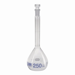 Volumetric flasks, DURAN<sup>&reg;</sup>, class A, blue graduation, with hollow glass stopper