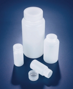 Wide-mouth bottles, HDPE, with screw cap, PP