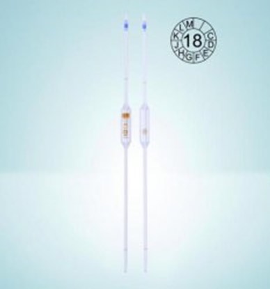 Slika Volumetric pipettes, Soda-lime glass, class AS, 2 marks, amber stain graduation