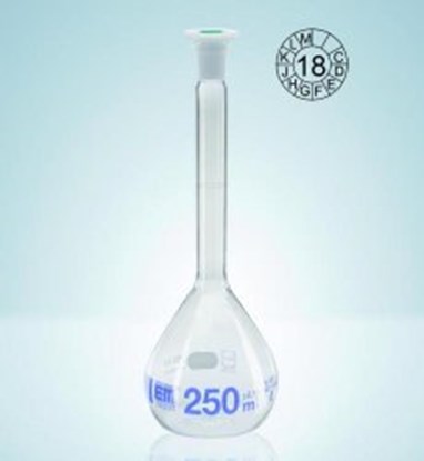 Slika Volumetric flasks, DURAN<sup>&reg;</sup>, class A, blue graduation, with PE stoppers