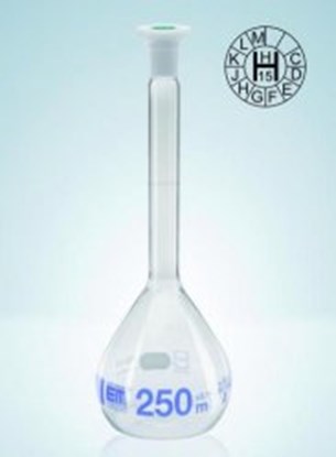 Slika Volumetric flasks, DURAN<sup>&reg;</sup>, class A, blue graduation, with PE stoppers