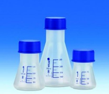 Slika Erlenmeyer flasks, wide mouth, GL 45, PP, with blue screw neck