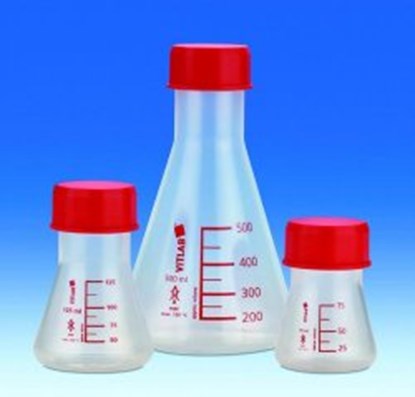 Slika Erlenmeyer flasks, wide mouth, PMP, GL 45, with red screw cap, PP